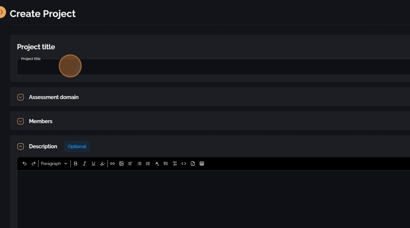 Form field for entering the project title