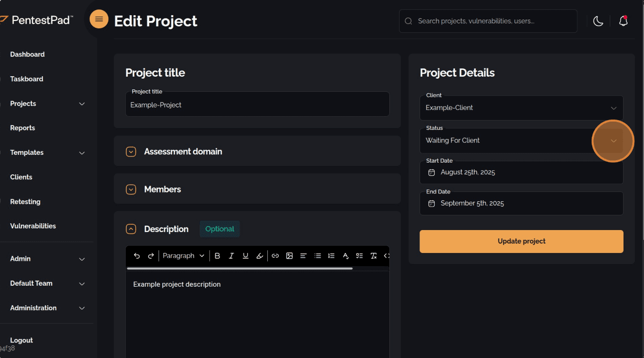 Dropdown menu for selecting a project status in the edit form