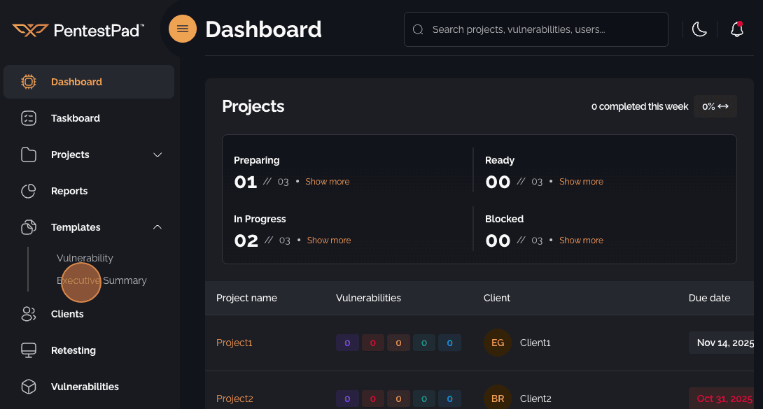 Navigation menu with Templates dropdown and Executive Summary option highlighted