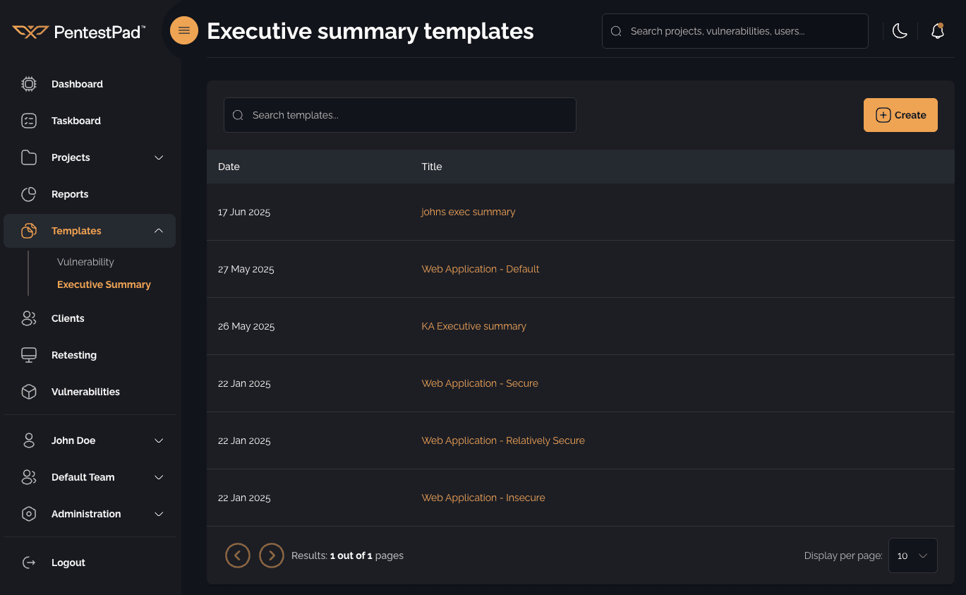Executive Summary page table with search bar