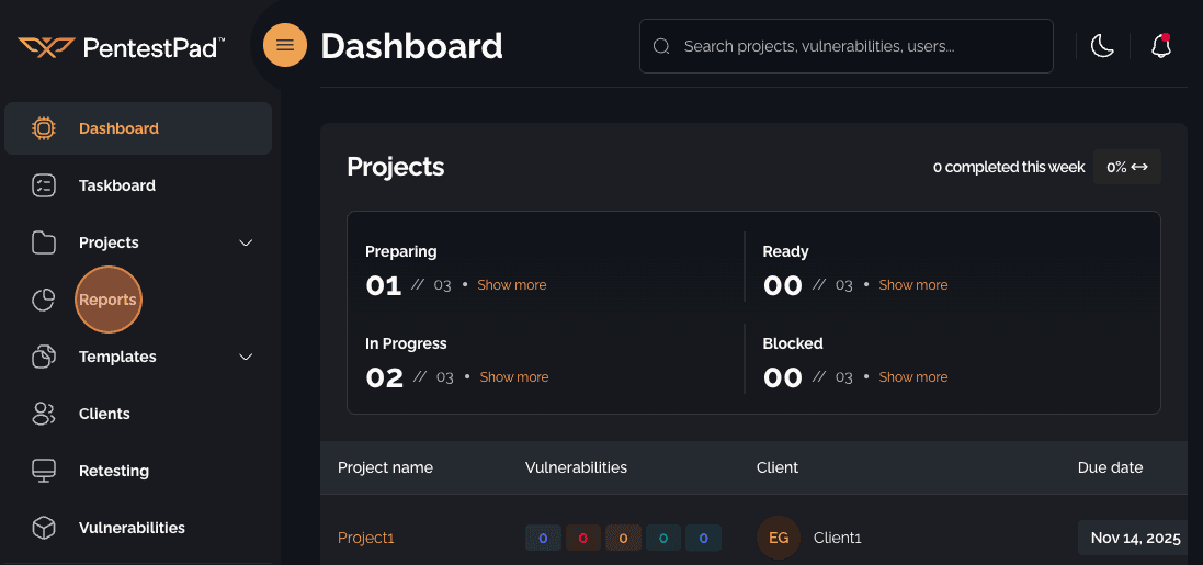 Navigation menu with Reports highlighted