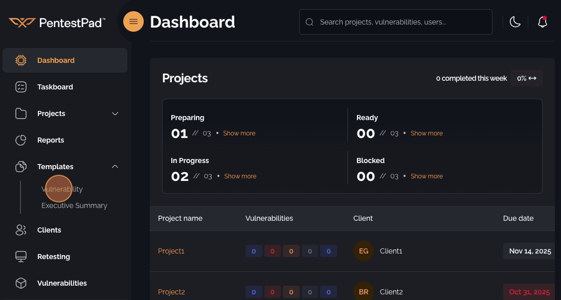 Navigation menu with Templates dropdown and Vulnerability option highlighted