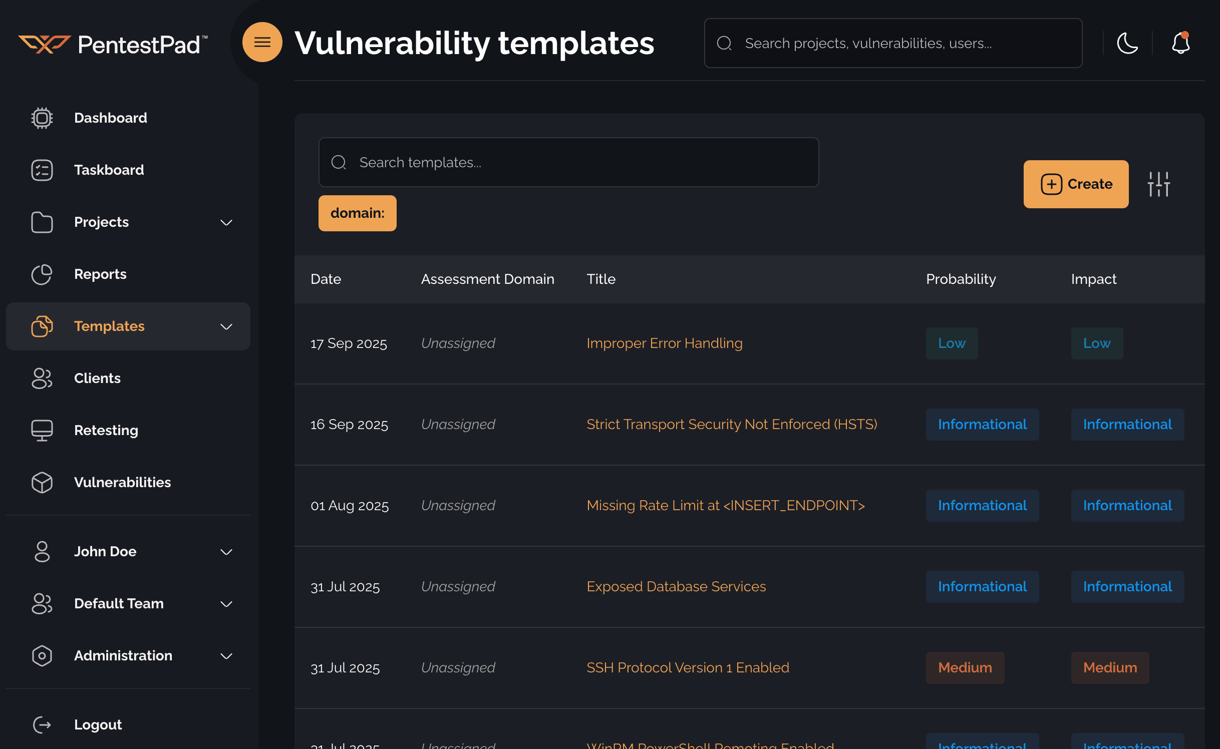 Vulnerability page table with search bar
