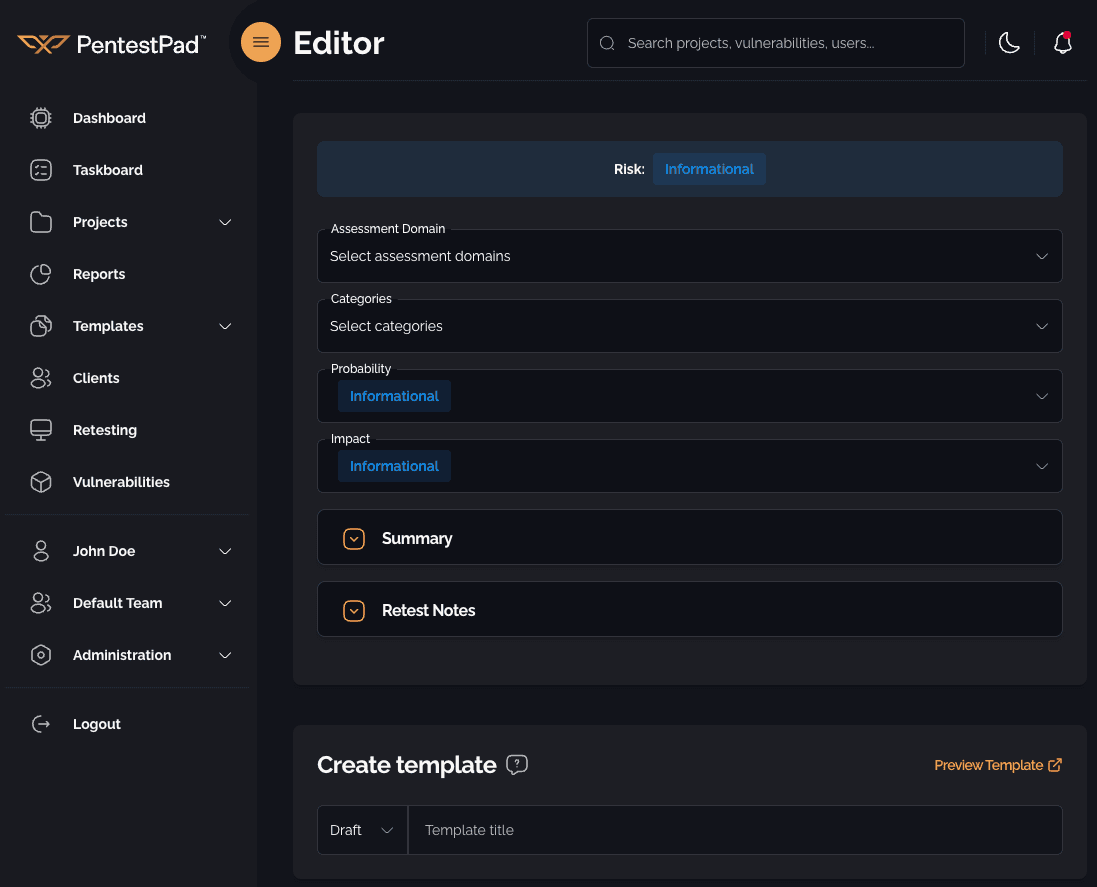 Vulnerability template editor page