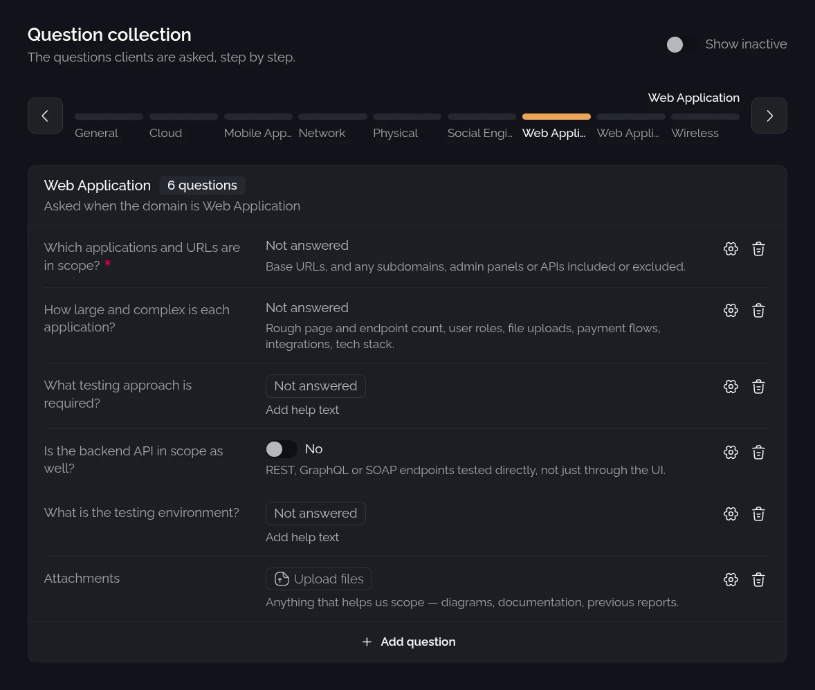 The scoping question list in PentestPad, showing the questions asked when the type of test is Web Application