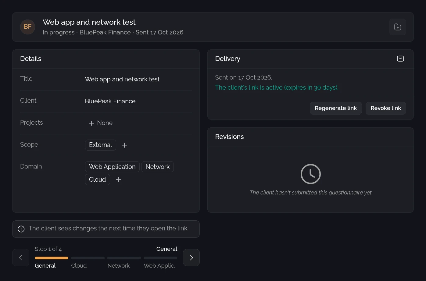 A scoping questionnaire for BluePeak Finance in PentestPad, with its types of test and an active client link