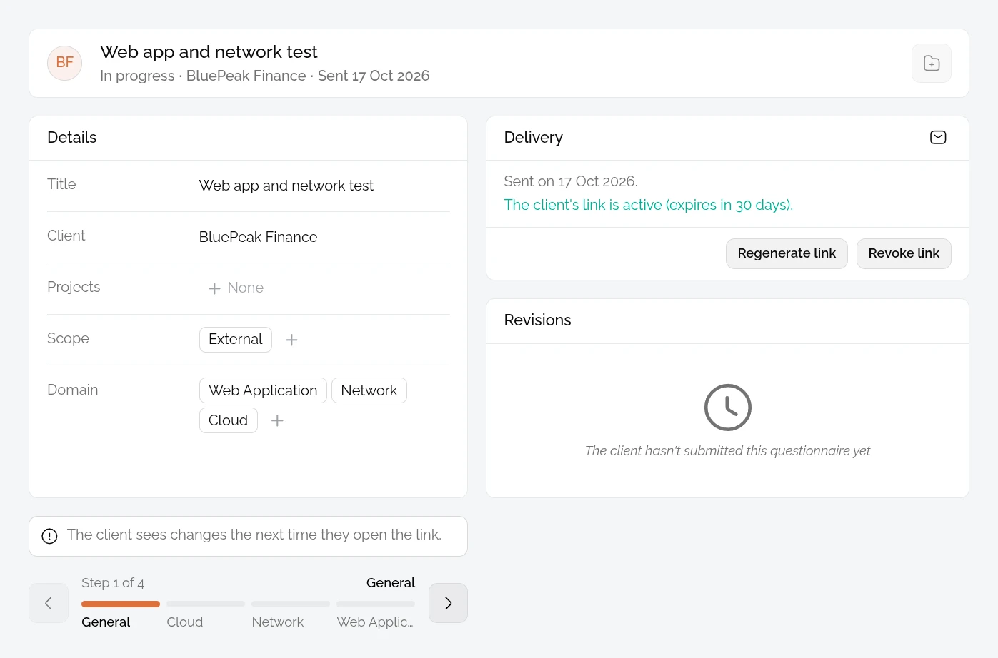 A scoping questionnaire for BluePeak Finance in PentestPad, with its types of test and an active client link