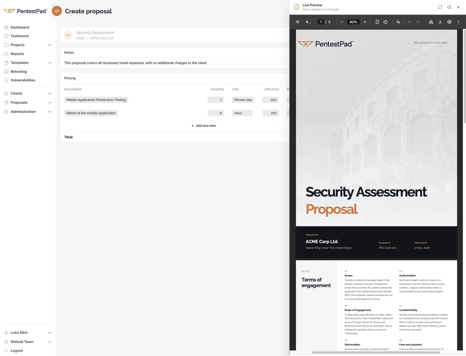 Branded proposal document in the live preview