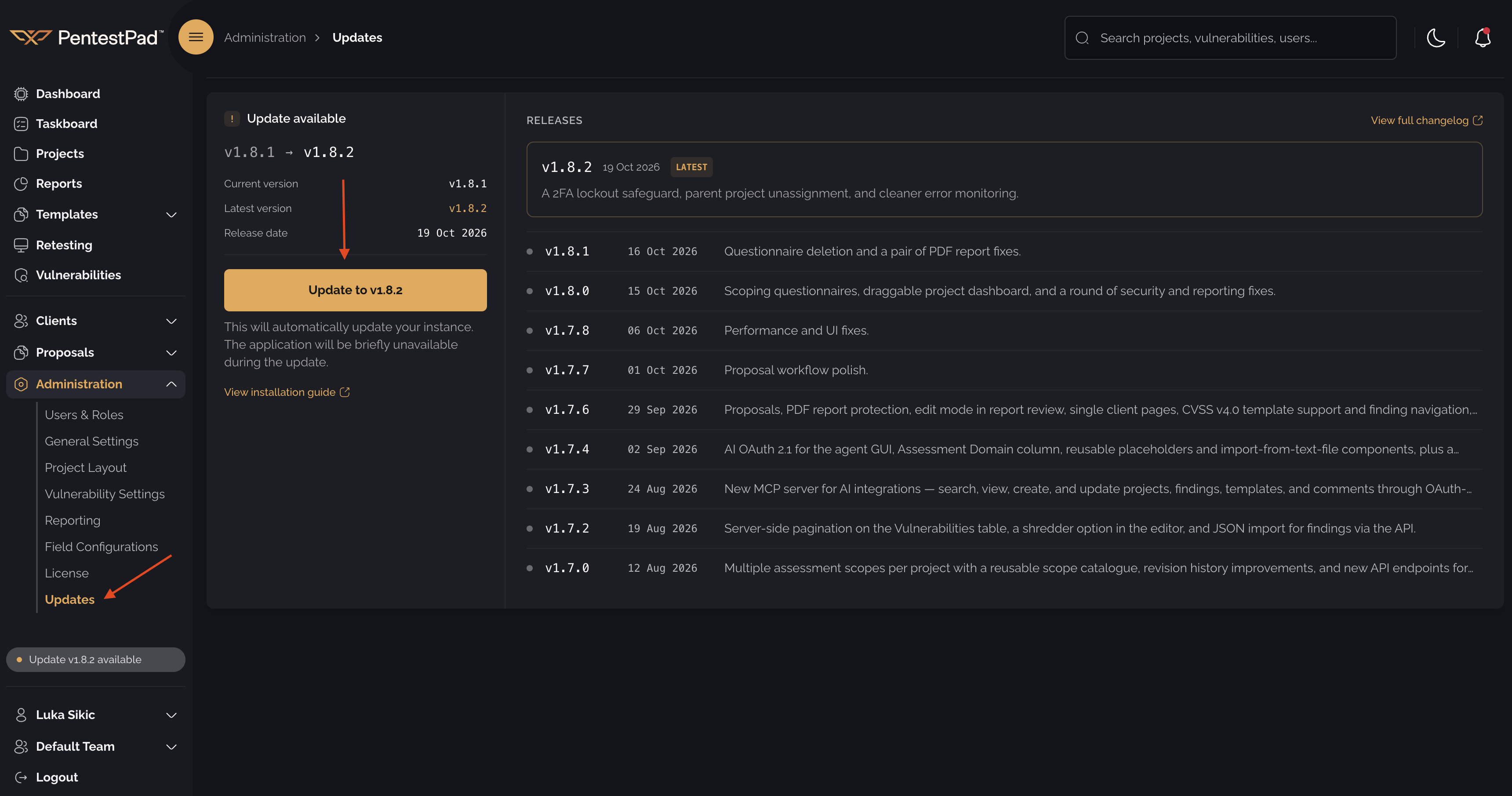 Administration → Updates page showing an available update and the release changelog