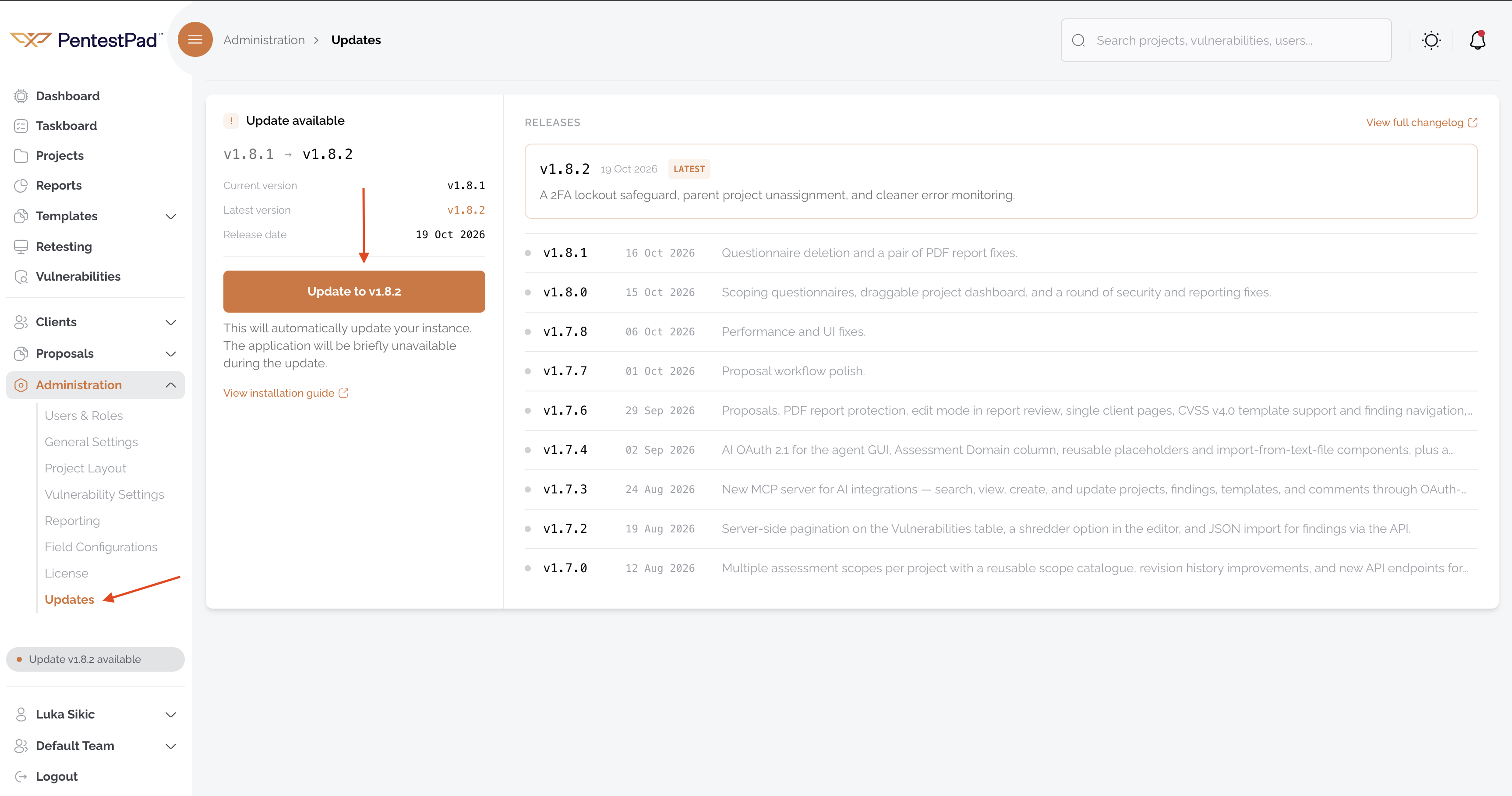Administration → Updates page showing an available update and the release changelog