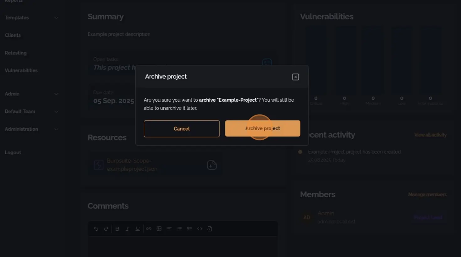 Confirmation dialog for archiving a project