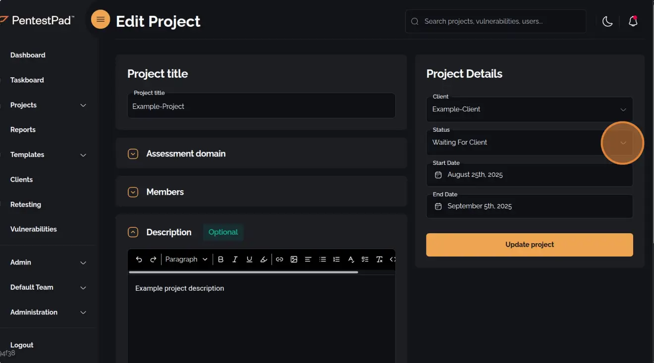 Dropdown menu for selecting a project status in the edit form