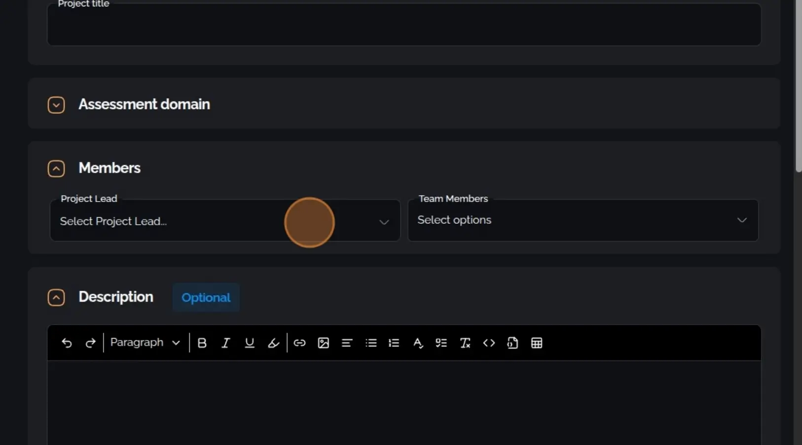 Form fields for defining client, project status, and date interval
