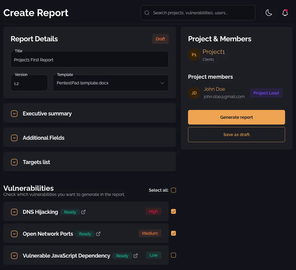 Reports page table