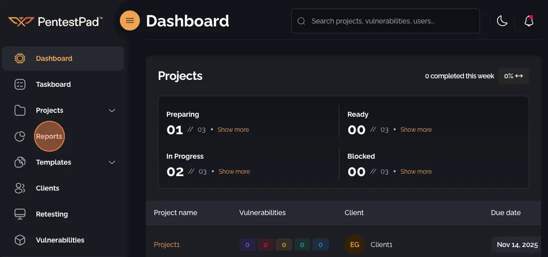 Navigation menu with Reports highlighted