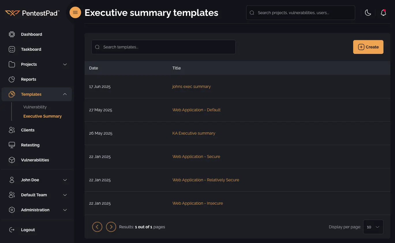 Executive Summary page table with search bar